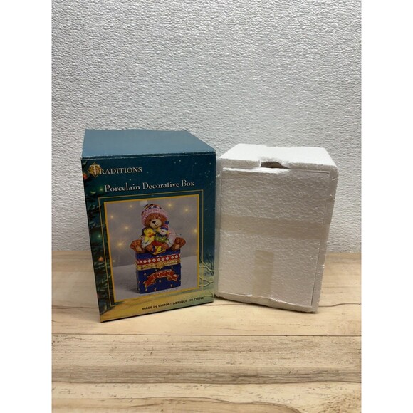 Traditions Porcelain Decorative Trinket Box Hand Painted Teddy Bear With Toys - Picture 12 of 16